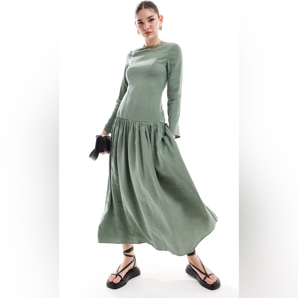 ASOS DESIGN Dropped Waist Maxi Dress With Long Sleeves in Khaki